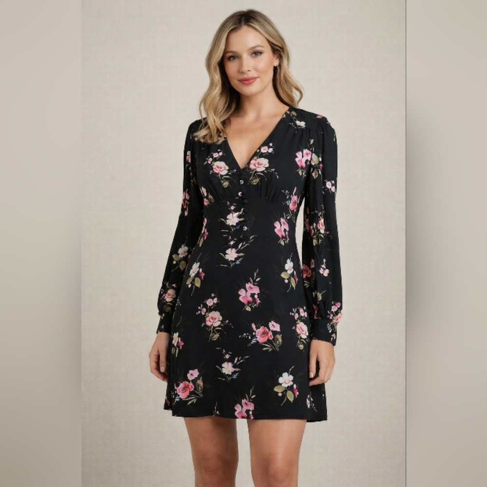 Zara Woman mini black dress with vibrant floral patterns.